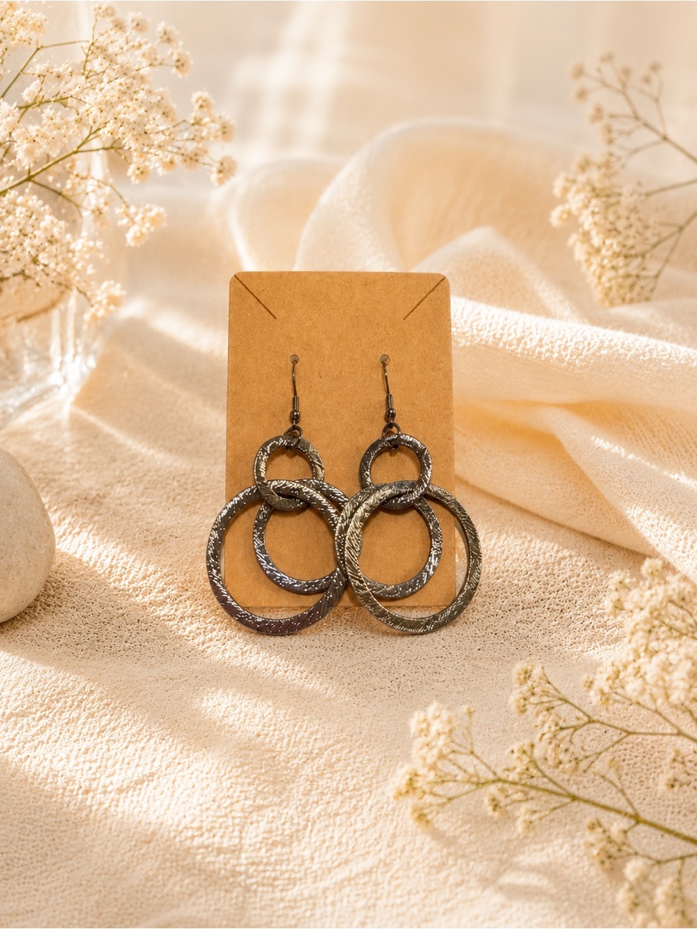 Textured Double Hoop Dangle Earrings - Metallic Black Fashion Jewelry NWOT